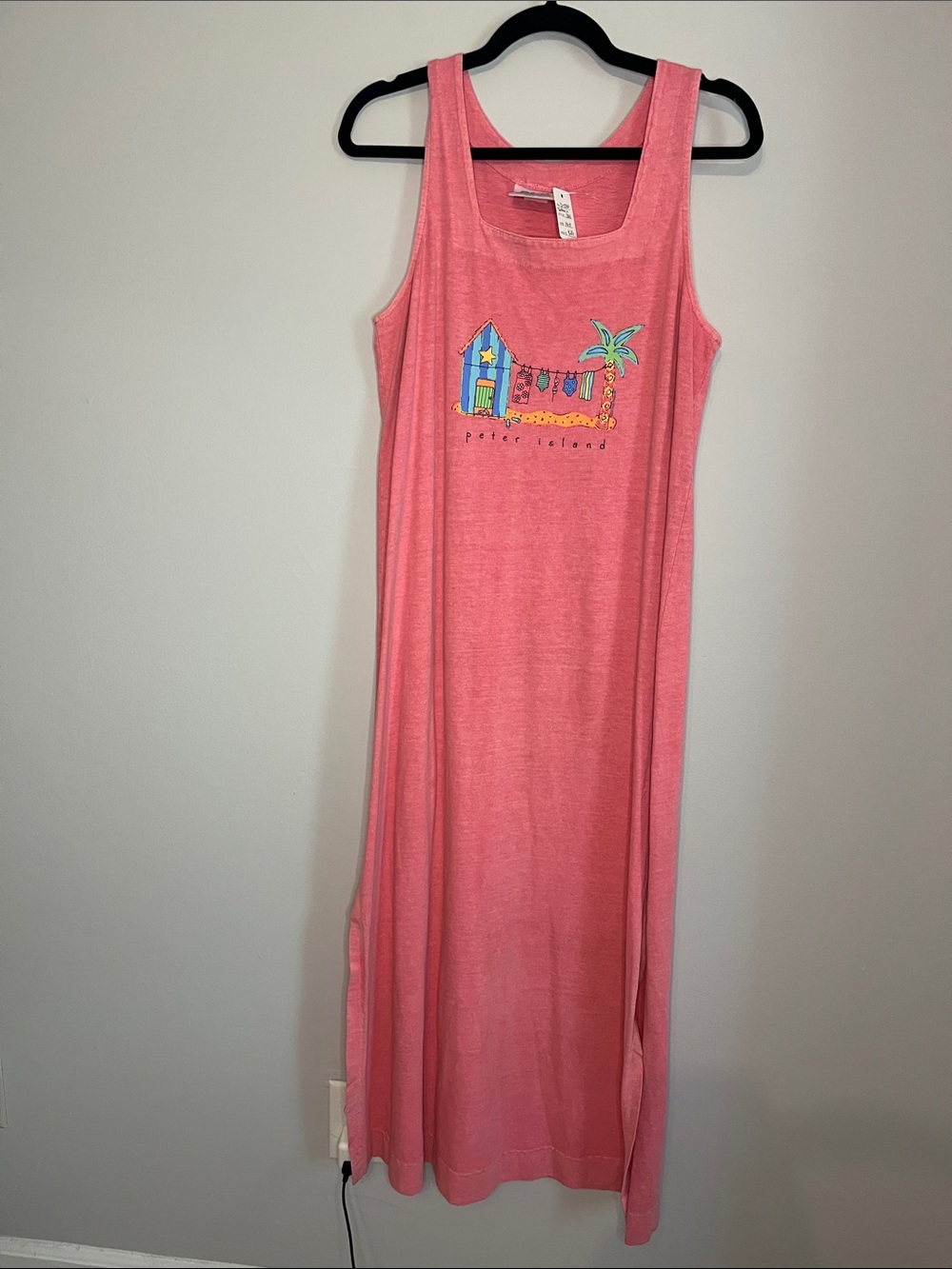 Vintage Coral Pink Sleeveless Maxi Dress with Beach Graphic